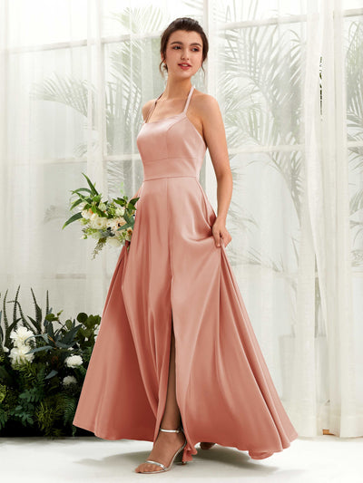 Carlyna Jocelyn A-Line Cantaloupe Satin Bridesmaid Dress Maxi Sleeveless Halter Dress #color_cantaloupe