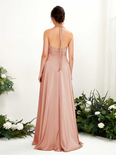 Carlyna Jocelyn A-Line Cantaloupe Satin Bridesmaid Dress Maxi Sleeveless Halter Dress #color_cantaloupe