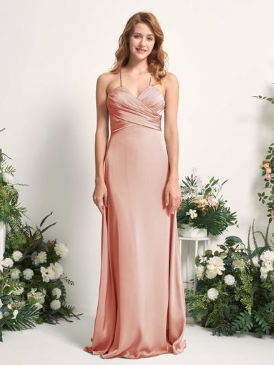 Carlyna Allison A-Line Cantaloupe Satin Bridesmaid Dress Maxi Sleeveless V-Neck Dress Front View #color_cantaloupe