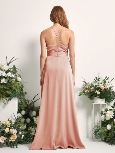 Carlyna Allison A-Line Cantaloupe Satin Bridesmaid Dress Maxi Sleeveless V-Neck Dress Back View #color_cantaloupe