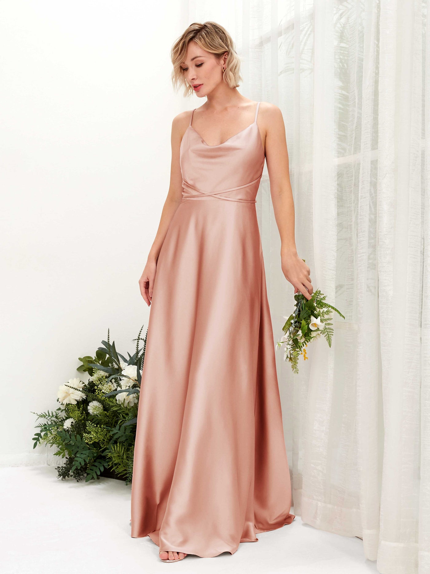 A-line Straps Sleeveless Satin Bridesmaid Dress - Cantaloupe (80223132)#color_cantaloupe