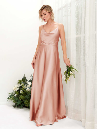 Carlyna Wallis A-Line Cantaloupe Satin Bridesmaid Dress Maxi Sleeveless Cowl Neck Dress #color_cantaloupe