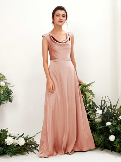 Carlyna Irma A-Line Cantaloupe Satin Bridesmaid Dress Maxi Sleeveless Cowl Neck Dress Front View #color_cantaloupe