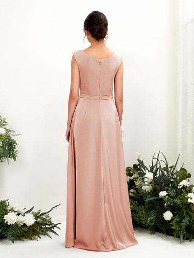 Carlyna Irma A-Line Cantaloupe Satin Bridesmaid Dress Maxi Sleeveless Cowl Neck Dress Back View #color_cantaloupe