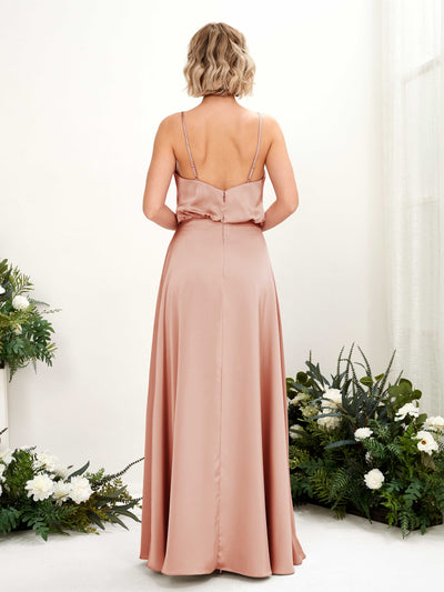 Carlyna Nora A-Line Cantaloupe Satin Bridesmaid Dress Maxi Sleeveless V-Neck Dress #color_cantaloupe