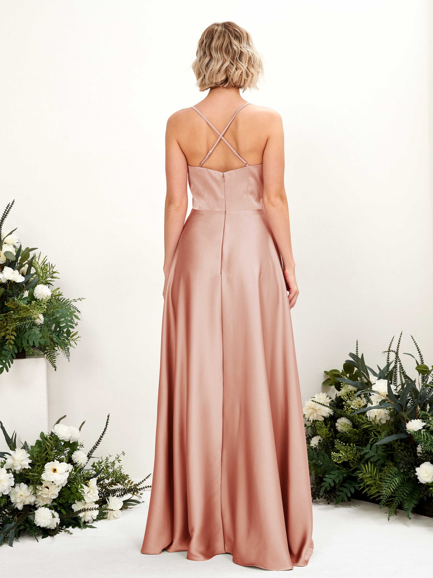A-line Straps V-neck Satin Bridesmaid Dress - Cantaloupe (80224832)#color_cantaloupe