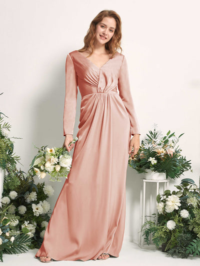 Carlyna Alicia Mermaid Cantaloupe Satin Bridesmaid Dress Maxi Long Sleeve V-Neck Front View #color_cantaloupe