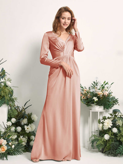 Carlyna Alicia Mermaid Cantaloupe Satin Bridesmaid Dress Maxi Long Sleeve V-Neck Side View 2 #color_cantaloupe