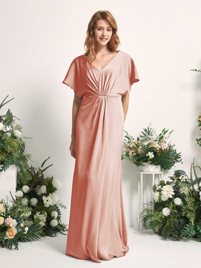 Carlyna Bailey A-Line Cantaloupe Satin Bridesmaid Dress Maxi Cap Sleeve V-Neck Dress Front View #color_cantaloupe