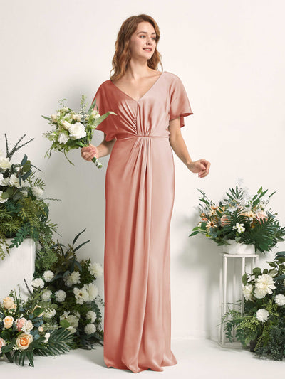 Carlyna Bailey A-Line Cantaloupe Satin Bridesmaid Dress Maxi Cap Sleeve V-Neck Dress Side View 2 #color_cantaloupe