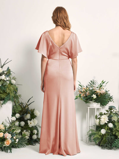 Carlyna Bailey A-Line Cantaloupe Satin Bridesmaid Dress Maxi Cap Sleeve V-Neck Dress Back View #color_cantaloupe