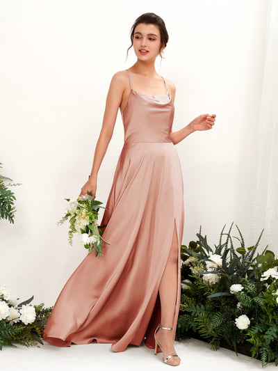 Carlyna Theresa A-Line Cantaloupe Satin Bridesmaid Dress Maxi Sleeveless Cowl Neck Dress #color_cantaloupe
