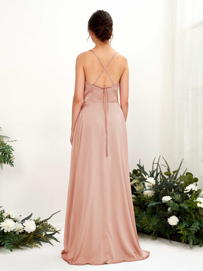 Carlyna Theresa A-Line Cantaloupe Satin Bridesmaid Dress Maxi Sleeveless Cowl Neck Dress #color_cantaloupe