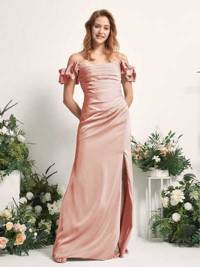 Carlyna Bianca Sheath Cantaloupe Satin Bridesmaid Dress Maxi Sleeveless Cowl Neck Dress Front View #color_cantaloupe