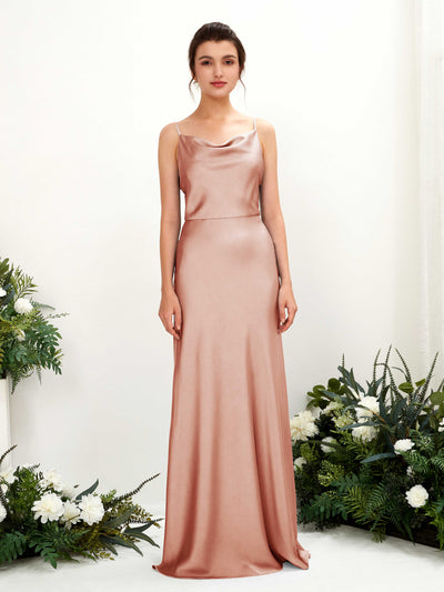 Carlyna Flora A-Line Cantaloupe Satin Bridesmaid Dress Maxi Sleeveless Cowl Neck Dress Front View #color_cantaloupe