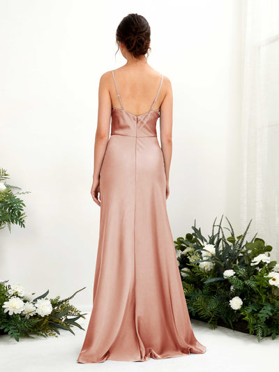 Carlyna Flora A-Line Cantaloupe Satin Bridesmaid Dress Maxi Sleeveless Cowl Neck Dress Back View #color_cantaloupe