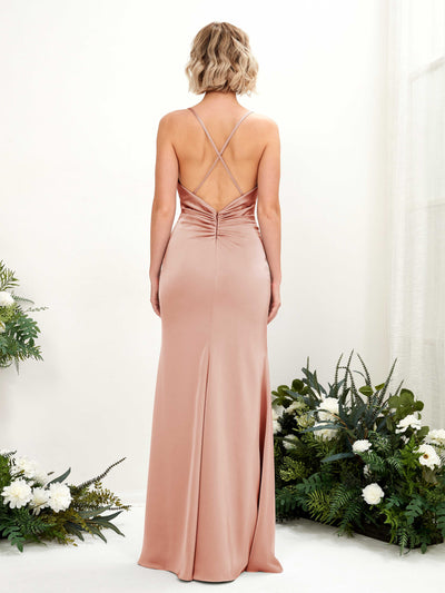 Carlyna Regina Mermaid Cantaloupe Satin Bridesmaid Dress Maxi Sleeveless Cowl Neck Dress #color_cantaloupe