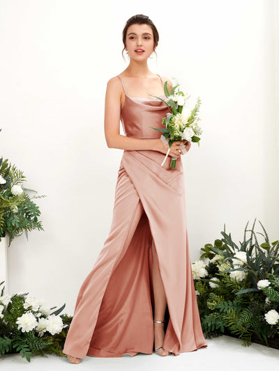 Carlyna Mavis Slim Cantaloupe Satin Bridesmaid Dress Maxi Sleeveless Cowl Neck Dress #color_cantaloupe