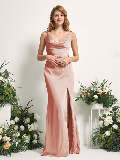 Carlyna Hayley Mermaid Cantaloupe Satin Bridesmaid Dress Maxi Sleeveless V-Neck Dress Front View #color_cantaloupe