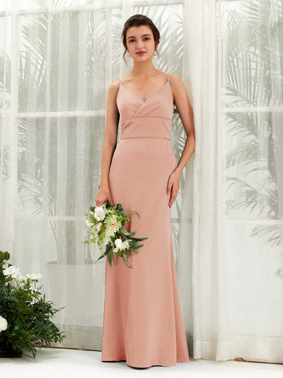 Carlyna Kama Mermaid Cantaloupe Satin Bridesmaid Dress Maxi Sleeveless V-Neck Dress #color_cantaloupe