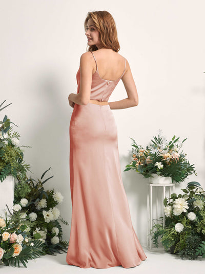 Carlyna Felicity Two-Piece Cantaloupe Satin Bridesmaid Dress Maxi Sleeveless Cowl Neck Dress Back View #color_cantaloupe