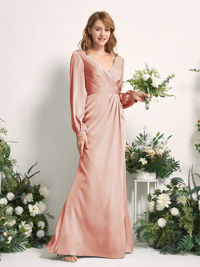 Carlyna Taylor Mermaid Cantaloupe Satin Bridesmaid Dress Maxi Long Sleeve V-Neck  #color_cantaloupe
