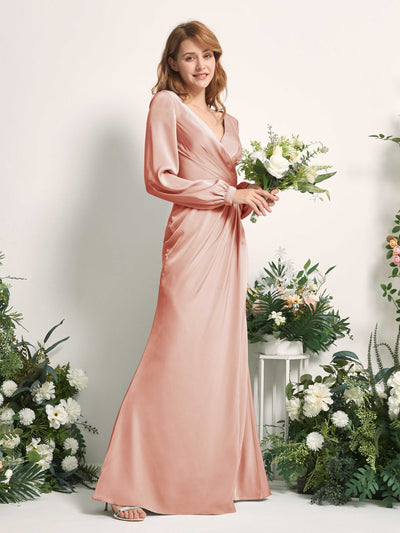 Carlyna Taylor Mermaid Cantaloupe Satin Bridesmaid Dress Maxi Long Sleeve V-Neck  #color_cantaloupe
