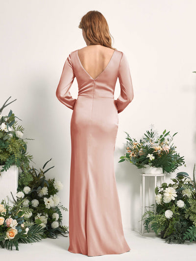 Carlyna Taylor Mermaid Cantaloupe Satin Bridesmaid Dress Maxi Long Sleeve V-Neck  #color_cantaloupe