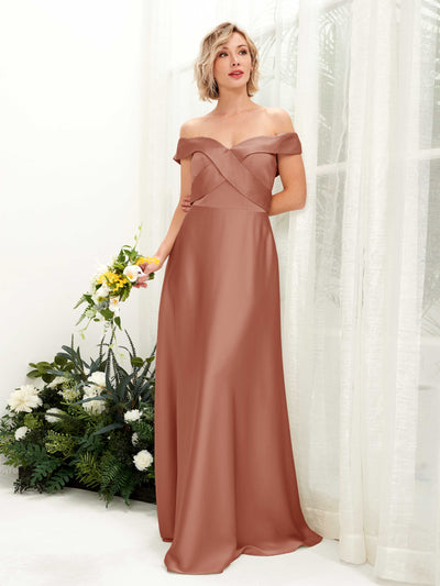 Carlyna Chloe A-Line Raw Sienna Satin Bridesmaid Dress Maxi Sleeveless Sweetheart Dress Front View #color_raw-sienna