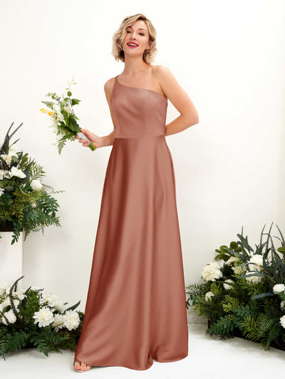 Carlyna Dinah A-Line Raw Sienna Satin Bridesmaid Dress Maxi Sleeveless One Shoulder Dress Front View #color_raw-sienna