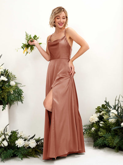 Carlyna Nydia A-Line Raw Sienna Satin Bridesmaid Dress Maxi Sleeveless Cowl Neck Dress #color_raw-sienna