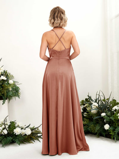 Carlyna Nydia A-Line Raw Sienna Satin Bridesmaid Dress Maxi Sleeveless Cowl Neck Dress #color_raw-sienna
