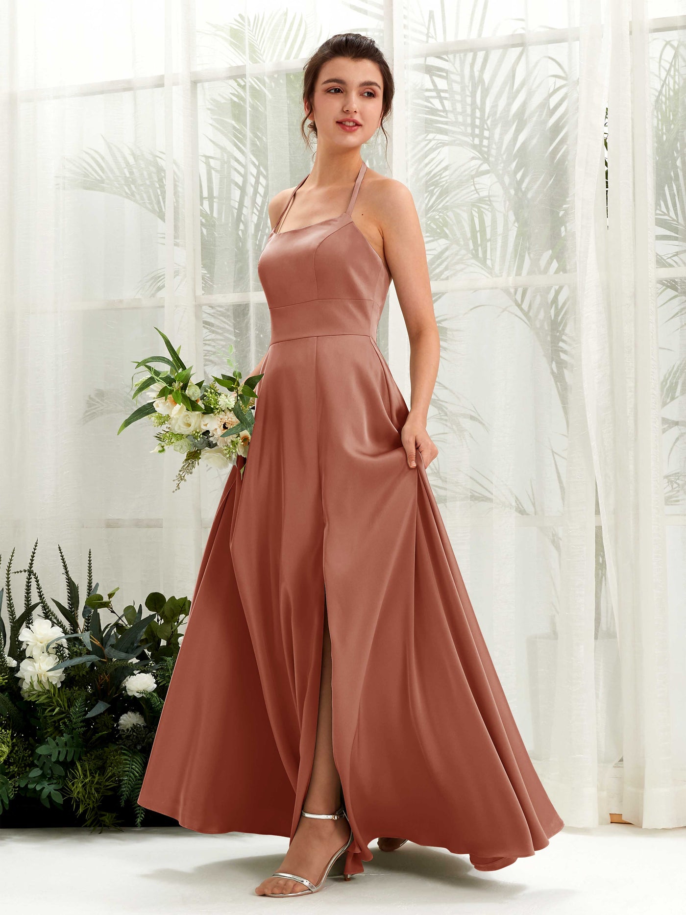 A-line Halter Bridesmaid Dress - Raw Sienna (80223915)#color_raw-sienna