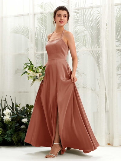 Carlyna Jocelyn A-Line Raw Sienna Satin Bridesmaid Dress Maxi Sleeveless Halter Dress #color_raw-sienna