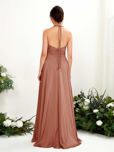 Carlyna Jocelyn A-Line Raw Sienna Satin Bridesmaid Dress Maxi Sleeveless Halter Dress #color_raw-sienna
