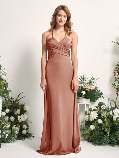 Carlyna Allison A-Line Raw Sienna Satin Bridesmaid Dress Maxi Sleeveless V-Neck Dress Front View #color_raw-sienna