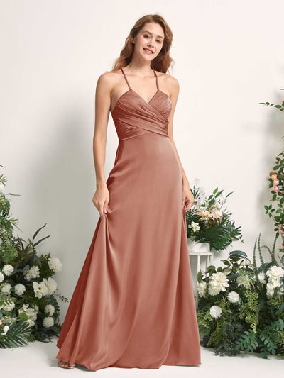 Carlyna Allison A-Line Raw Sienna Satin Bridesmaid Dress Maxi Sleeveless V-Neck Dress Side View 2 #color_raw-sienna