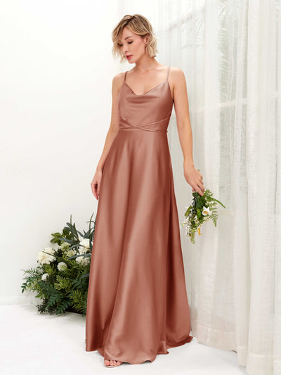 Carlyna Wallis A-Line Raw Sienna Satin Bridesmaid Dress Maxi Sleeveless Cowl Neck Dress #color_raw-sienna
