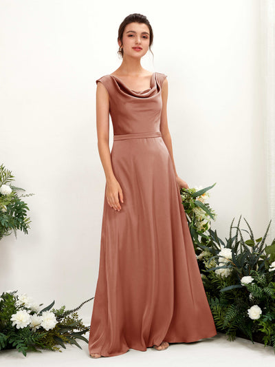Carlyna Irma A-Line Raw Sienna Satin Bridesmaid Dress Maxi Sleeveless Cowl Neck Dress Front View #color_raw-sienna