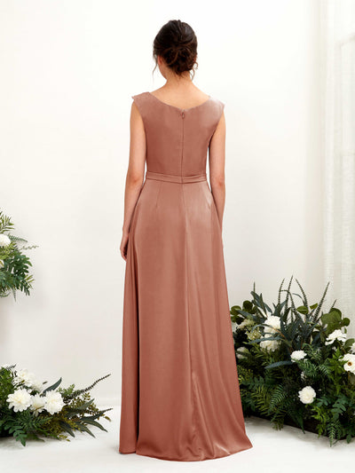 Carlyna Irma A-Line Raw Sienna Satin Bridesmaid Dress Maxi Sleeveless Cowl Neck Dress Back View #color_raw-sienna