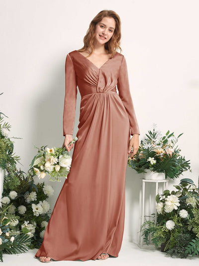 Carlyna Alicia Mermaid Raw Sienna Satin Bridesmaid Dress Maxi Long Sleeve V-Neck Front View #color_raw-sienna