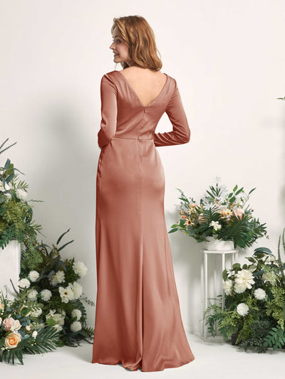 Carlyna Alicia Mermaid Raw Sienna Satin Bridesmaid Dress Maxi Long Sleeve V-Neck Back View #color_raw-sienna