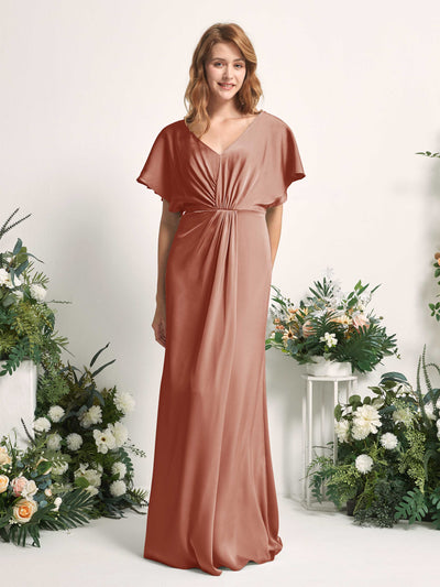 Carlyna Bailey A-Line Raw Sienna Satin Bridesmaid Dress Maxi Cap Sleeve V-Neck Dress Front View #color_raw-sienna