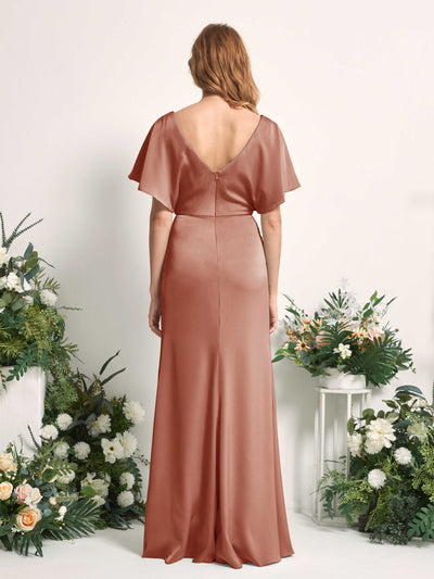 Carlyna Bailey A-Line Raw Sienna Satin Bridesmaid Dress Maxi Cap Sleeve V-Neck Dress Back View #color_raw-sienna