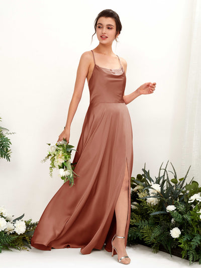 Carlyna Theresa A-Line Raw Sienna Satin Bridesmaid Dress Maxi Sleeveless Cowl Neck Dress #color_raw-sienna