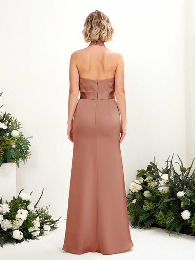 Carlyna Edwina Mermaid Raw Sienna Satin Bridesmaid Dress Maxi Sleeveless Halter Dress Back View #color_raw-sienna