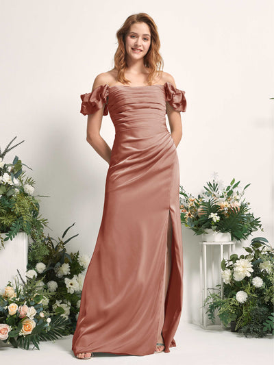 Carlyna Bianca Sheath Raw Sienna Satin Bridesmaid Dress Maxi Sleeveless Cowl Neck Dress Front View #color_raw-sienna