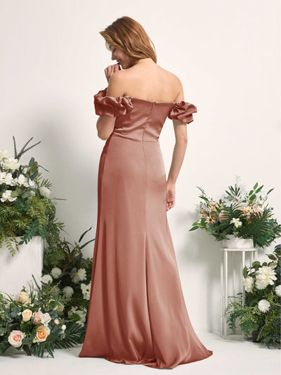 Carlyna Bianca Sheath Raw Sienna Satin Bridesmaid Dress Maxi Sleeveless Cowl Neck Dress Back View #color_raw-sienna