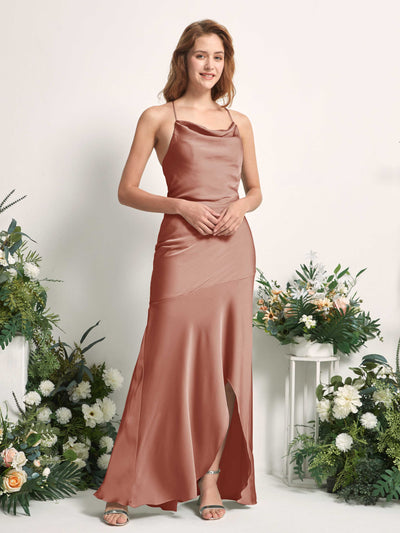 Carlyna Florence Mermaid Raw Sienna Satin Bridesmaid Dress Maxi Sleeveless Cowl Neck Dress Side View 2 #color_raw-sienna