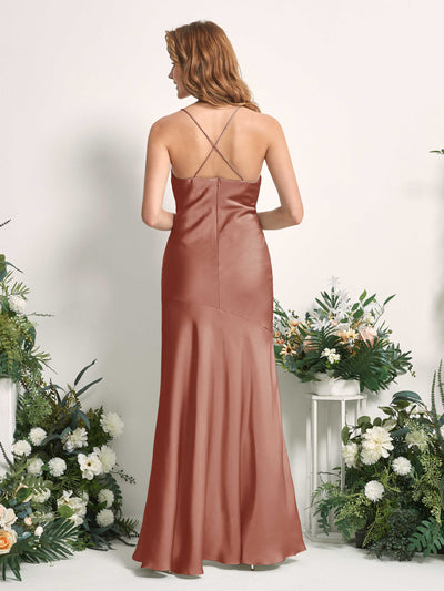 Carlyna Florence Mermaid Raw Sienna Satin Bridesmaid Dress Maxi Sleeveless Cowl Neck Dress Back View #color_raw-sienna